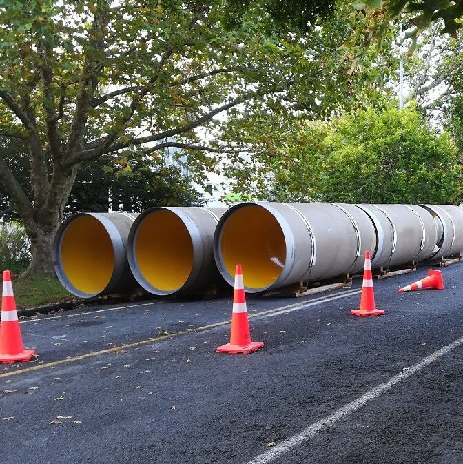 Large diameter pipe staged on site, Empire Infrastructure